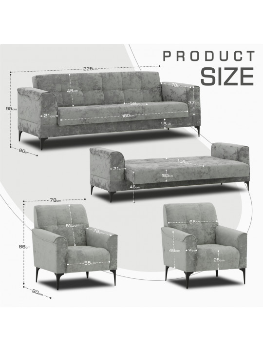 sofa set HOBEL MARK 3+1+1 (L8150AB, L8200AB) DARK GREY MONACO 14/LIGHT GREY MONACO 13 (3)