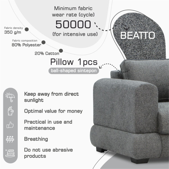სავარძელი HOBEL SIDNEY PLUS 1 F/R DARK GREY BEATTO 1079 (1)