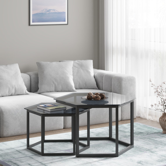 ჟურნალის მაგიდა HOBEL BEEHIVE 2PCS METAL BLACK/ GLASS FM (2)