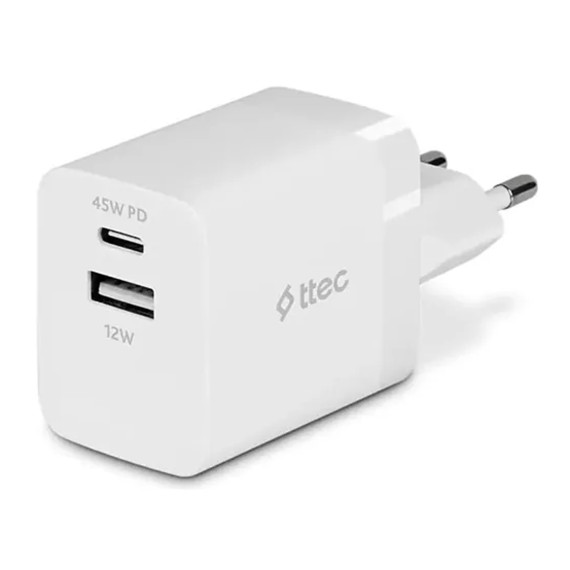 power adapter TTEC TTEC SMARTCHARGER DUO PD 45W TRAVEL FAST CHARGER USB-C+USB-A WHITE