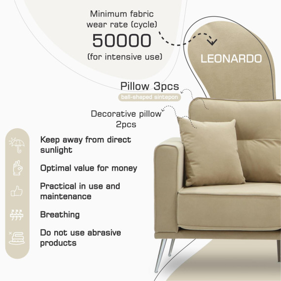 დივანი HOBEL ARMANDO 3 STR CHROM 20SM/CREAM LEONARDO 3 (1)