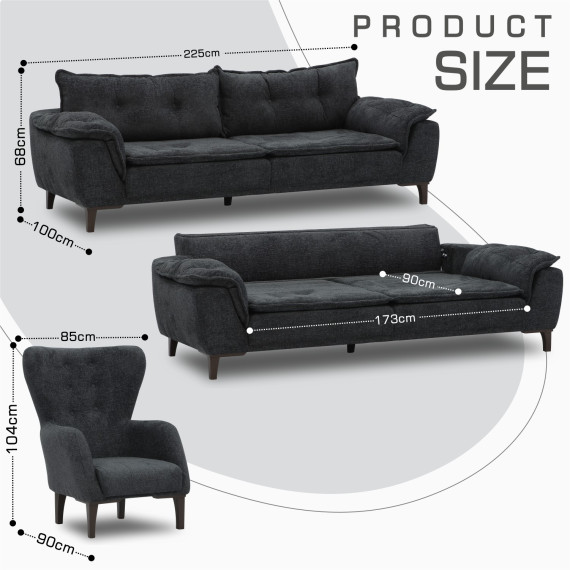 გარნიტური HOBEL CLARA 3+1+1 DARK GREY BEATTO 1079 (3)