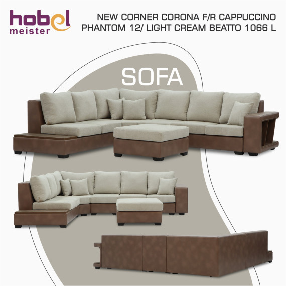 დივანი HOBEL NEW CORNER CORONA F/R CAPPUCCINO PHANTOM 12/ LIGHT CREAM BEATTO 1066 L (10)
