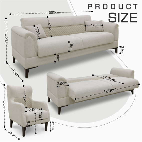 გარნიტური HOBEL STONE 3+1+1 CREAM BEATTO 1065/ BUKLE 4/INFINITY 103 (3)